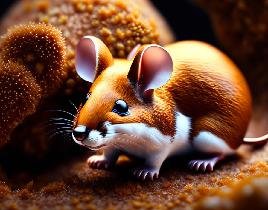 Stylized brown and white mouse illustration in warm-toned setting