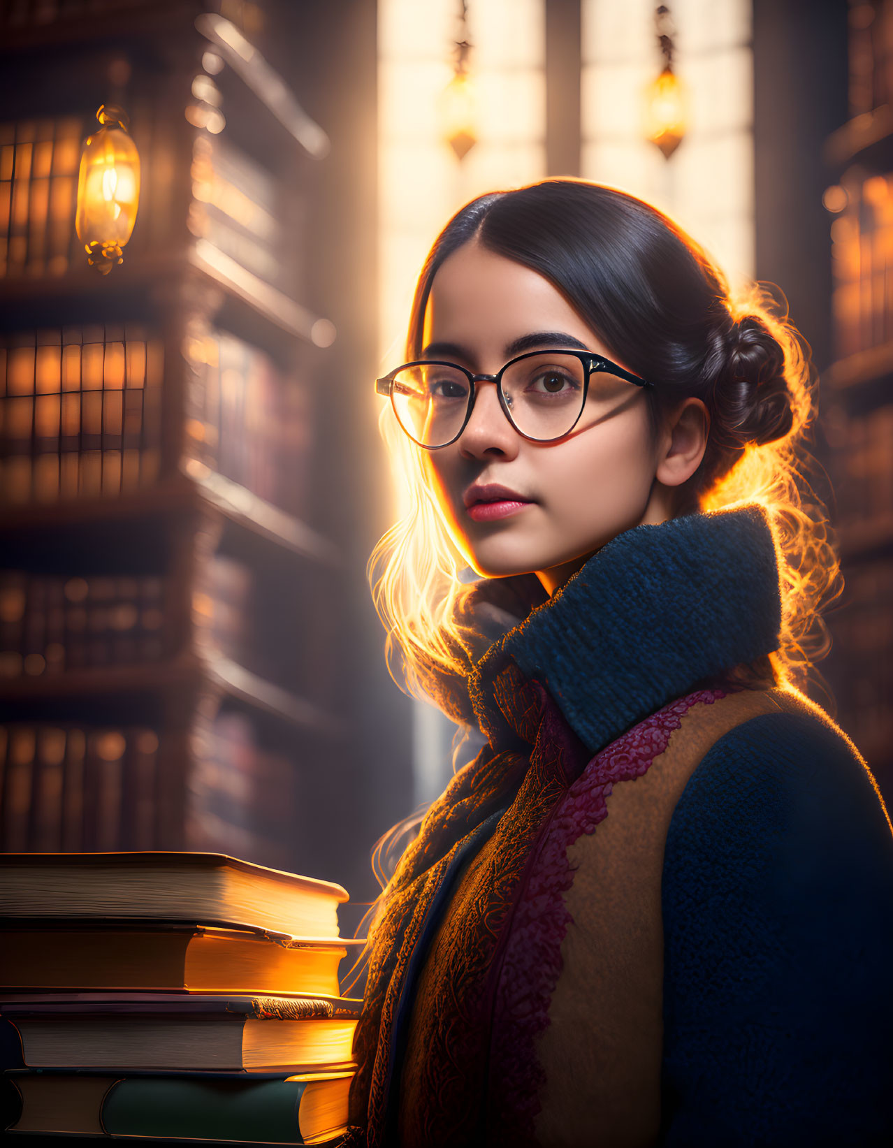 Girl in old library