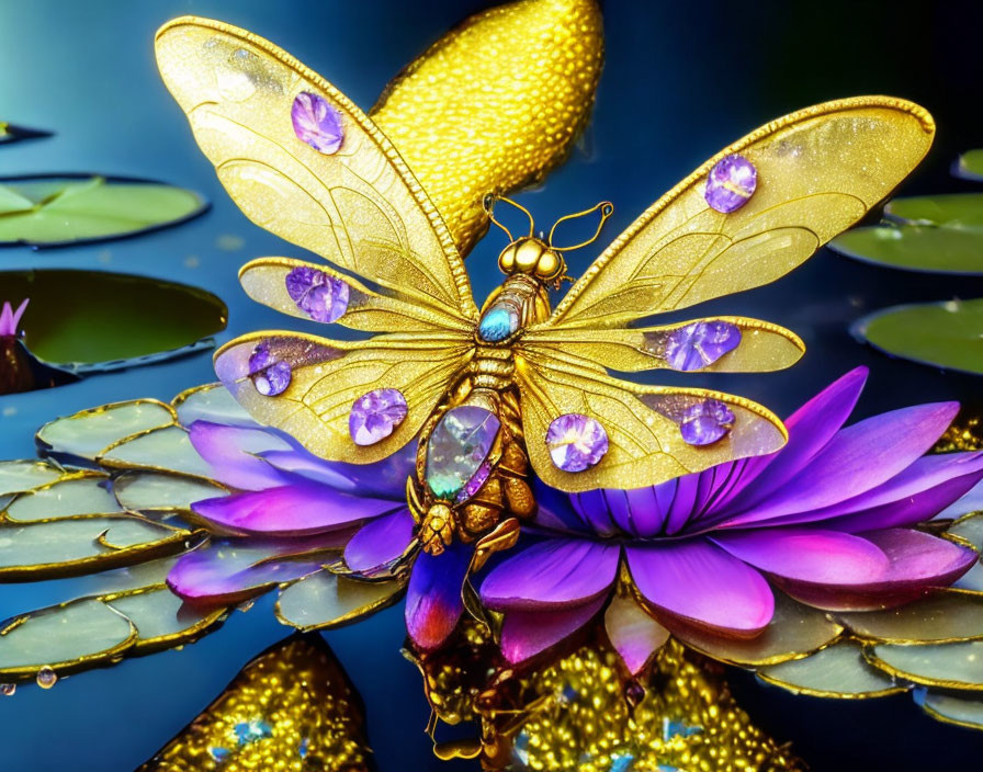 Golden Butterfly on Purple Water Lily with Gemstone Wings