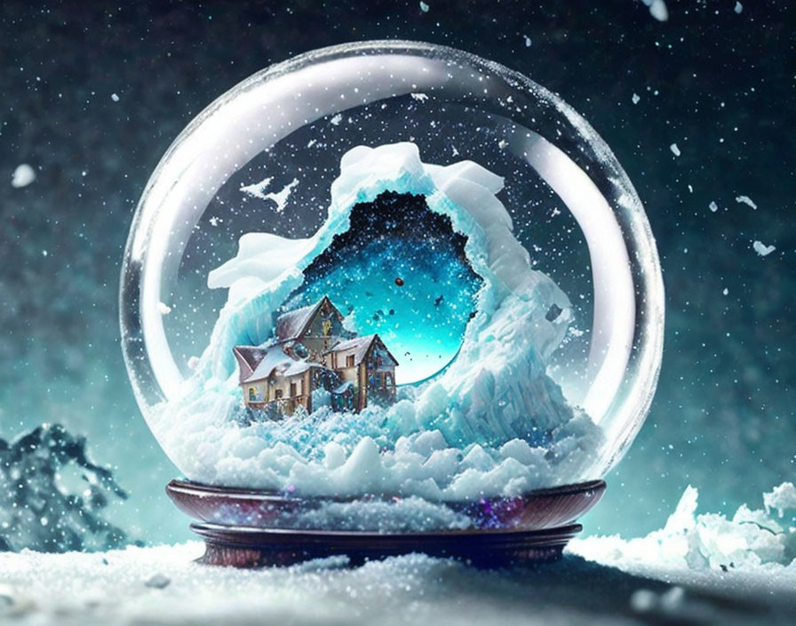 Snow globe with cozy house, snow-covered mountains, and starry sky in magical winter scene