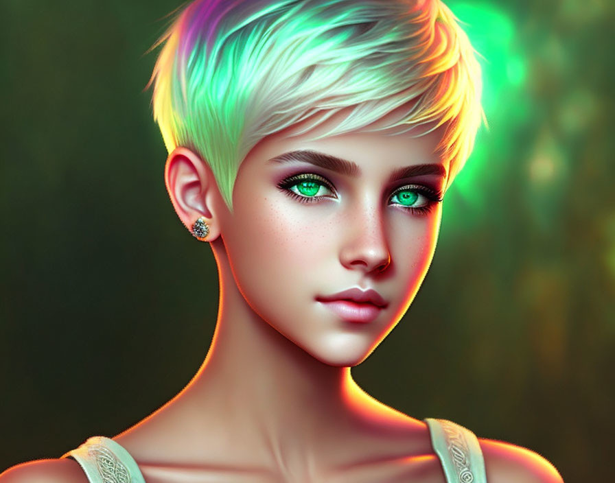 Portrait of a person with multi-colored short hair and green eyes on blurred green background