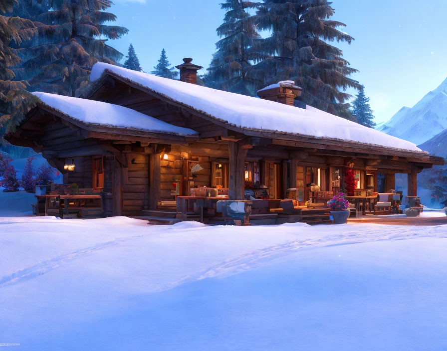 Snowy landscape: Cozy wooden cabin with warm lighting and snowy mountains