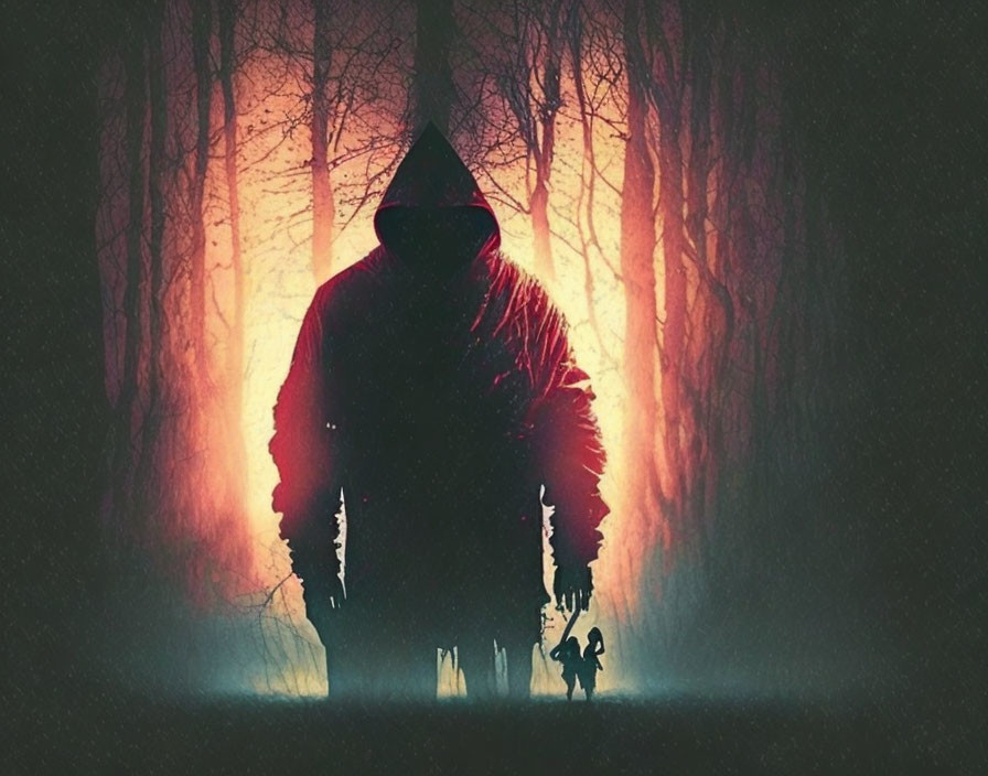 Silhouetted figure in hooded cloak in misty forest with glowing light