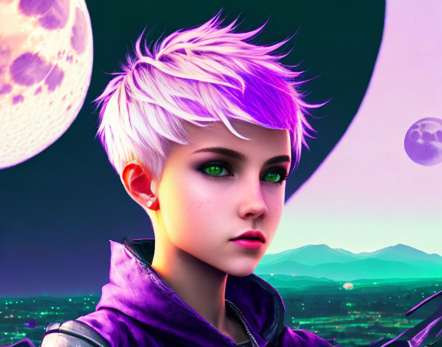 Digital artwork featuring person with purple hair and green eyes against mountain backdrop with multiple moons in purple sky.