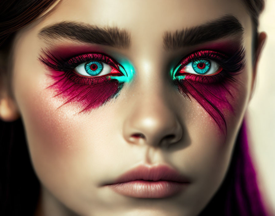 Close-up portrait of person with turquoise and red eye makeup, two different colored irises