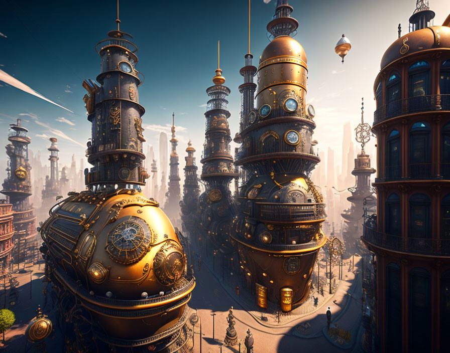 Steampunk cityscape with bronze buildings and airships in clear sky