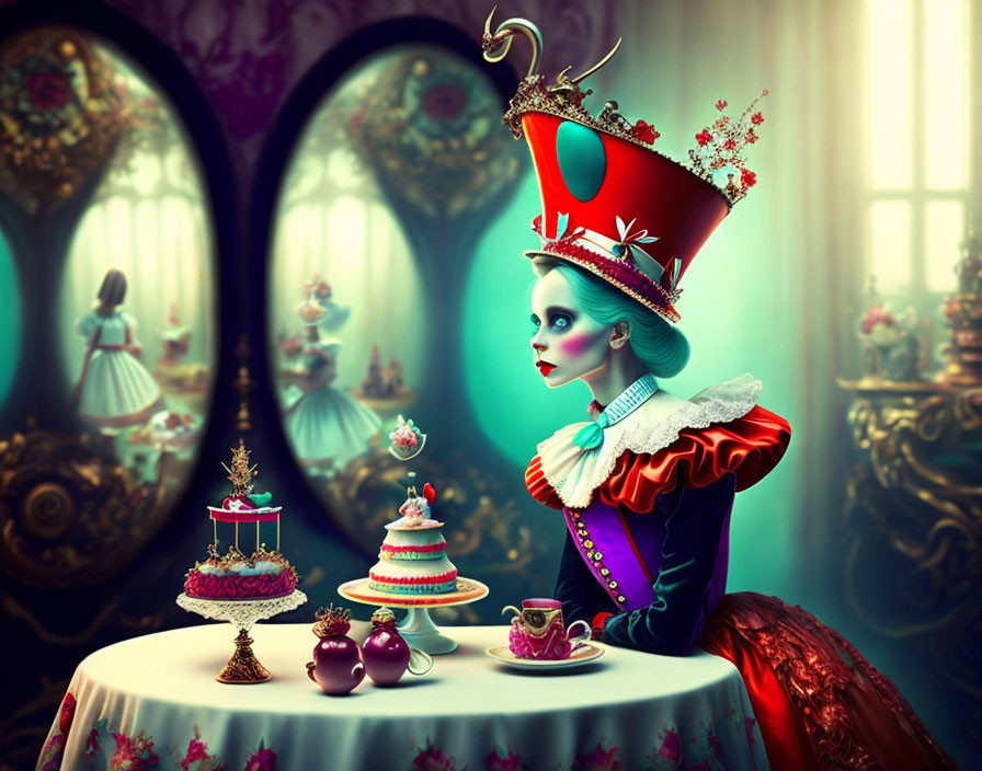 Illustration of character in red hat at table with ornate cakes and teacups