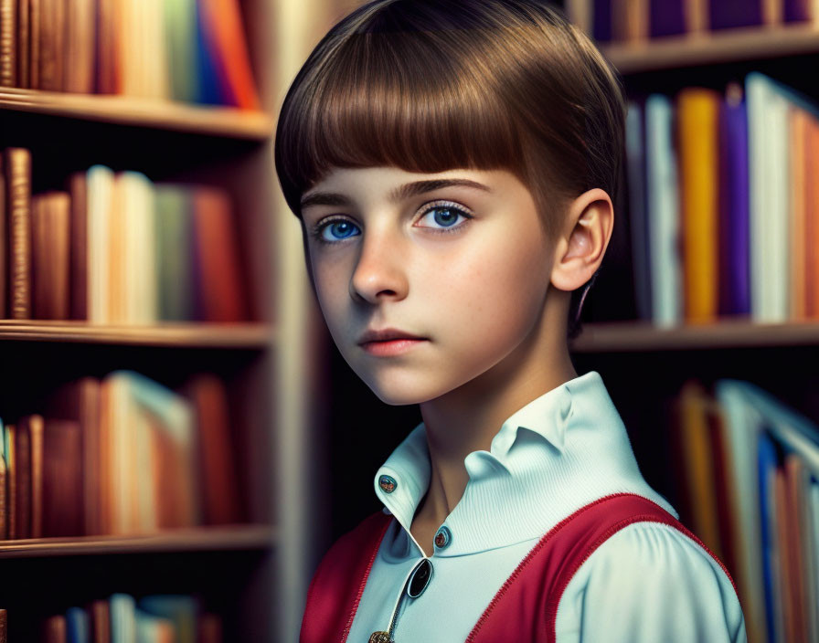 Child with Bob Haircut Standing in Front of Colorful Bookshelf