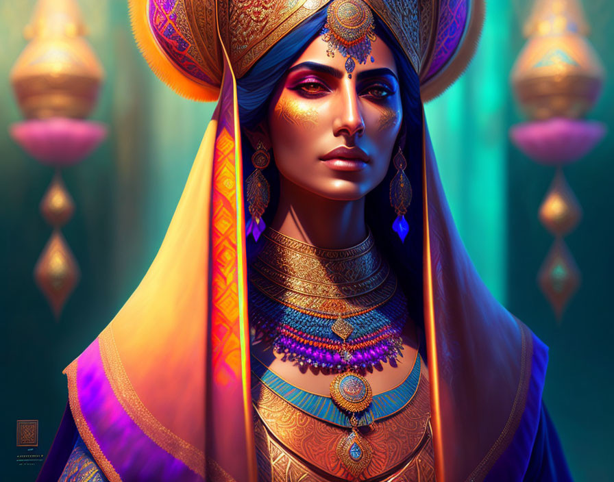Blue-skinned woman with golden headdress and jewelry on colorful backdrop