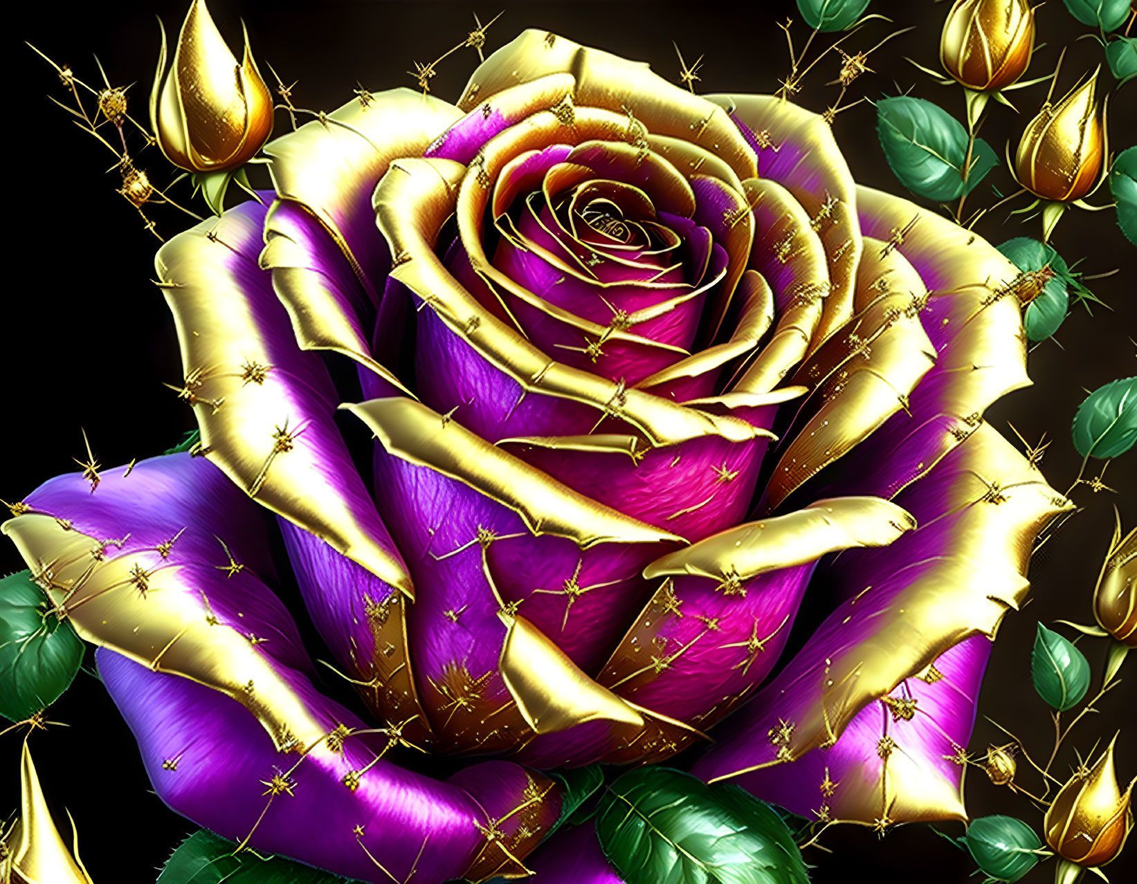 Purple and Gold Rose with Sparkling Accents on Dark Background