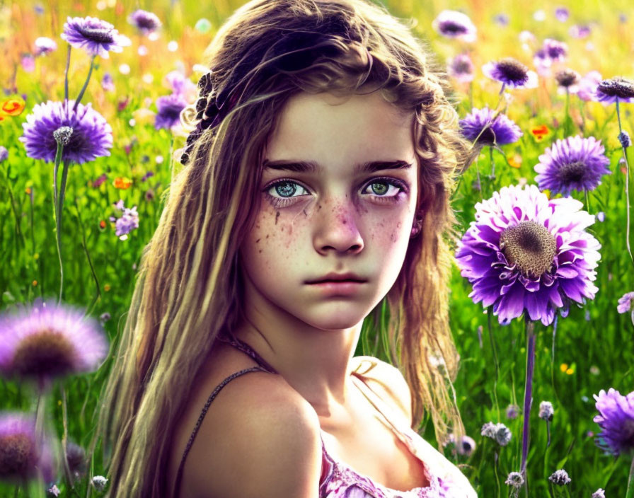 Blonde Girl with Blue Eyes Surrounded by Purple Flowers