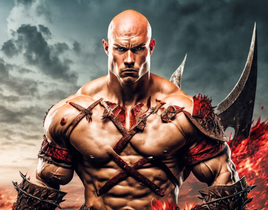 Bald, muscular figure with war scars in leather straps on stormy background