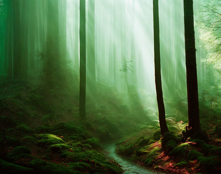 Lush green forest with sunbeams and misty atmosphere