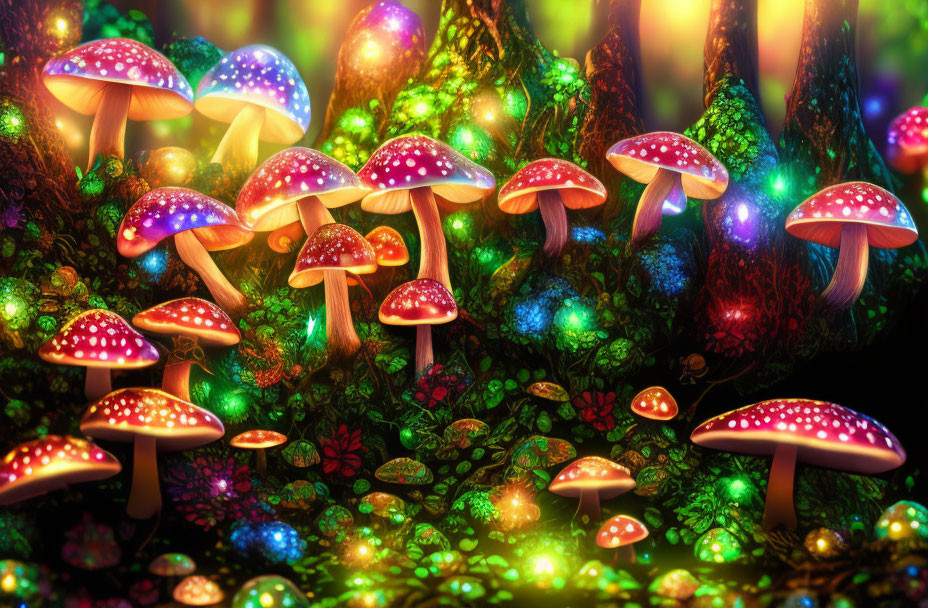 Fantasy illustration: Glowing mushrooms in enchanted forest