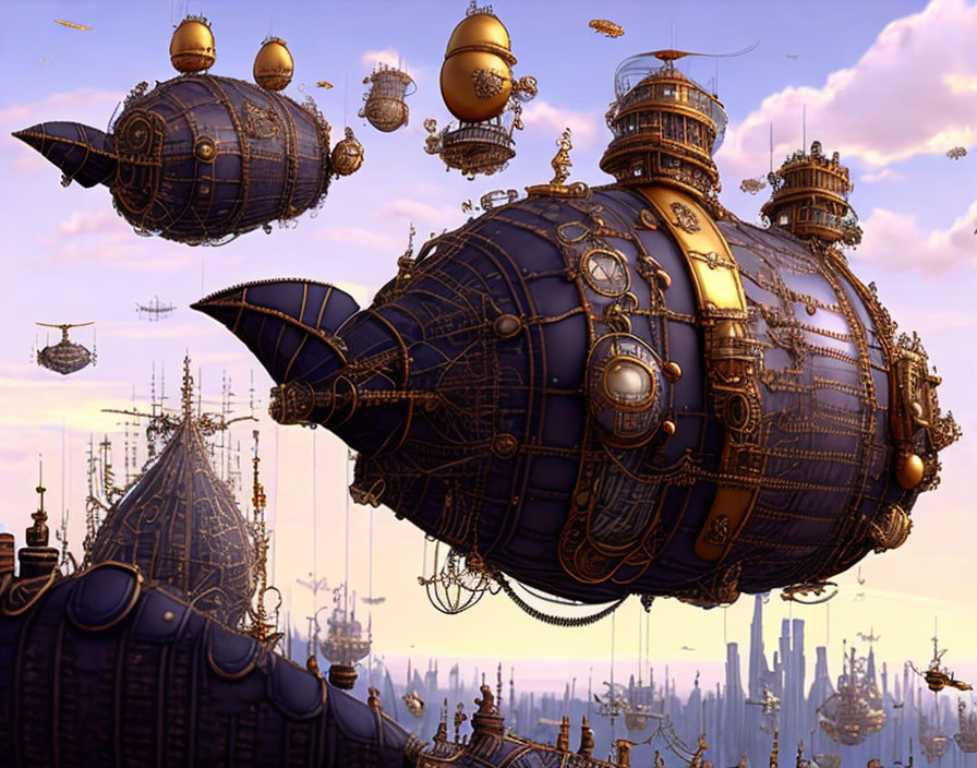Intricate steampunk airships above futuristic cityscape at sunset
