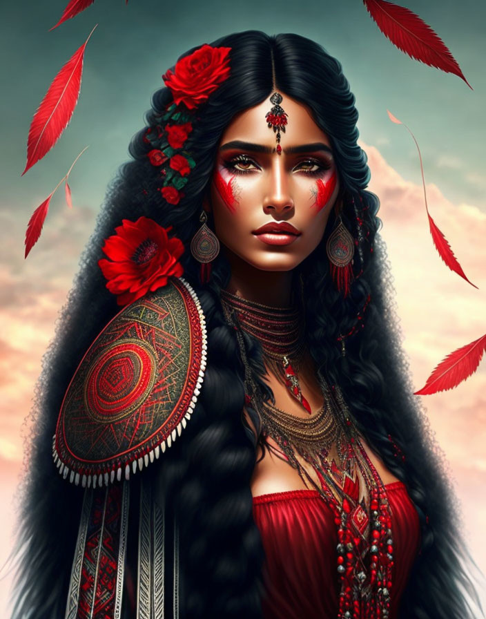 Digital artwork featuring woman with long black hair, red flowers, red dress, jewelry, and mandala