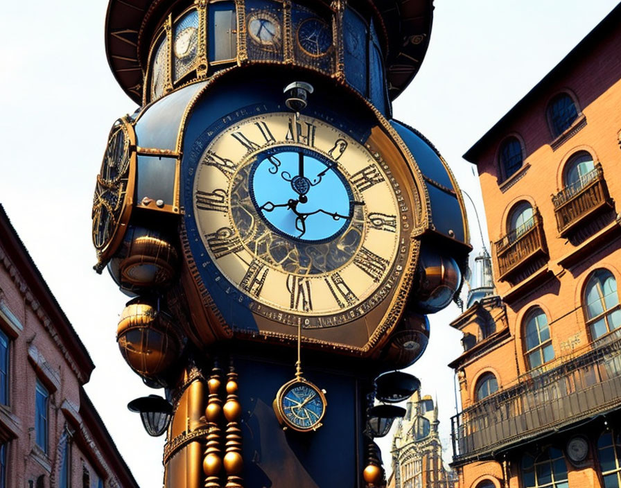 Steampunk-style Clock Tower with Multiple Timepieces and Clear Sky