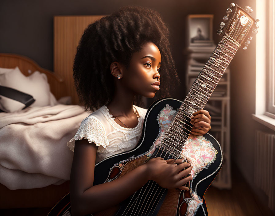 Curly-haired girl with multi-stringed guitar by window in warm light