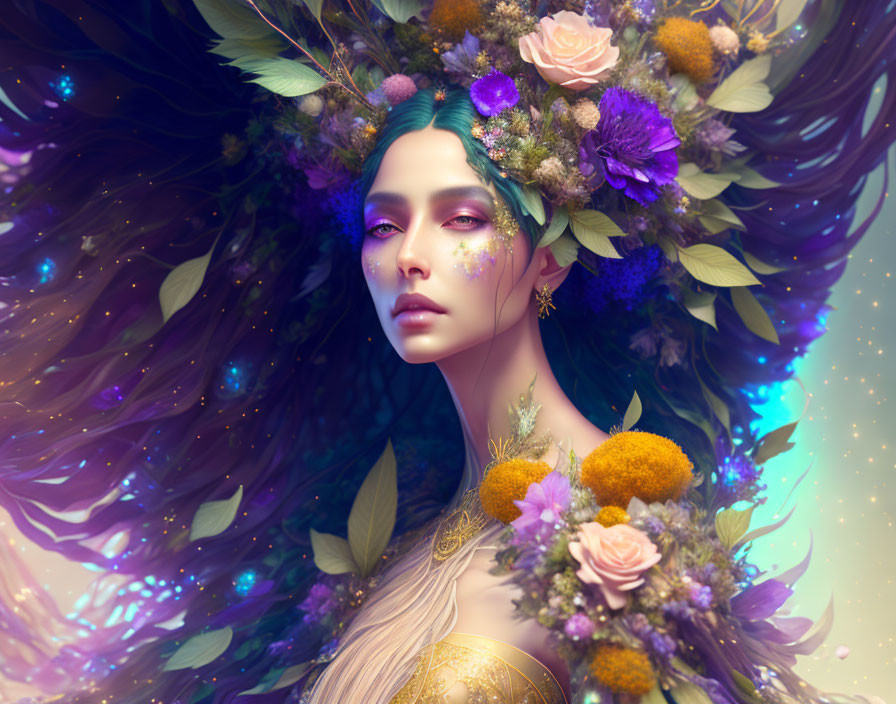 Surreal portrait of woman with floral hair decorations in magical setting