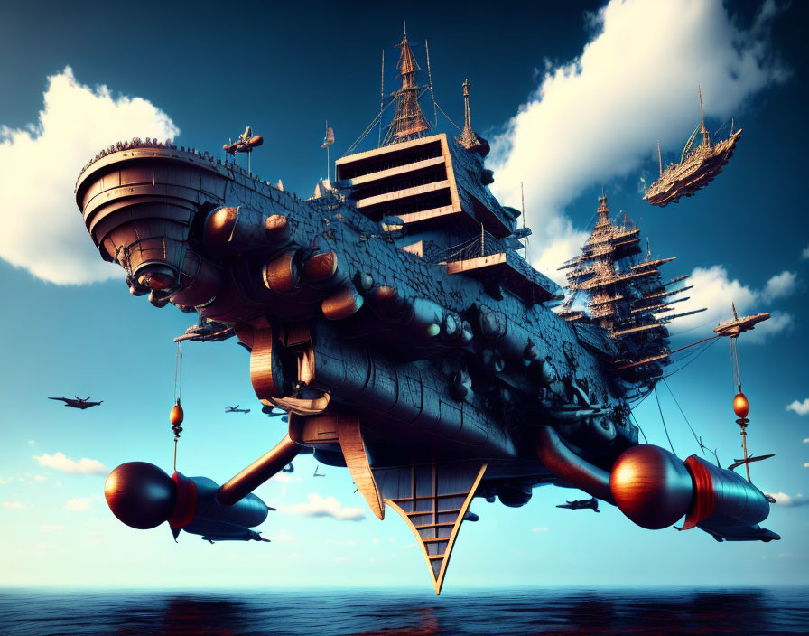 Fantasy airships resembling old naval vessels flying above a calm sea