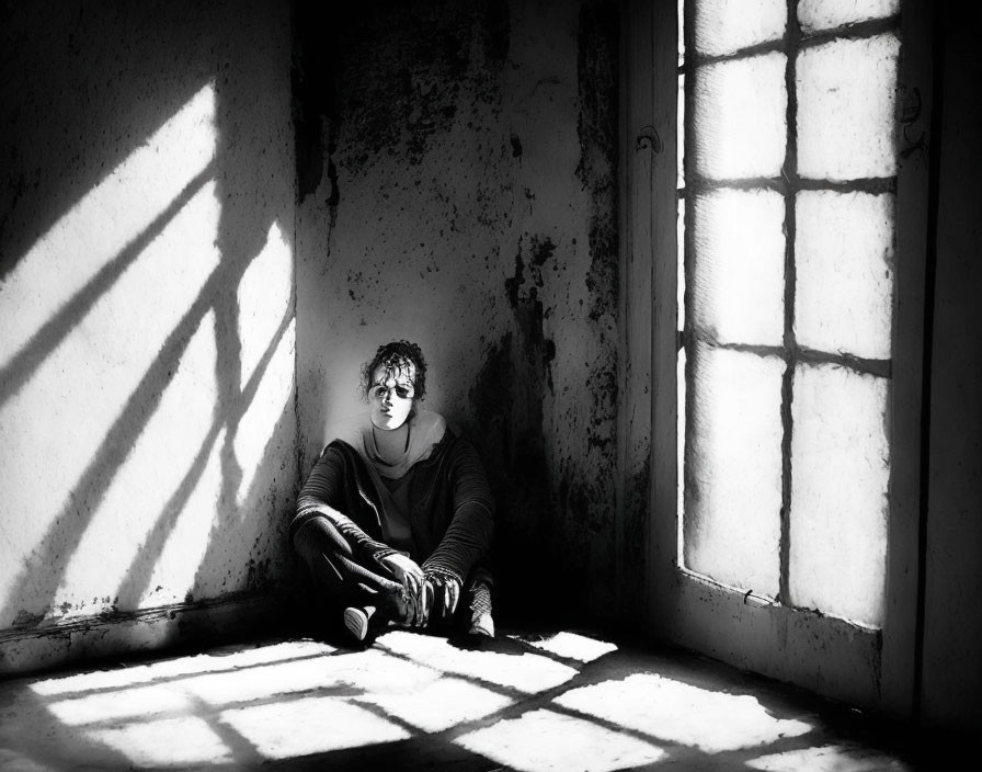 Person sitting in dimly lit room with sunlight shadows.