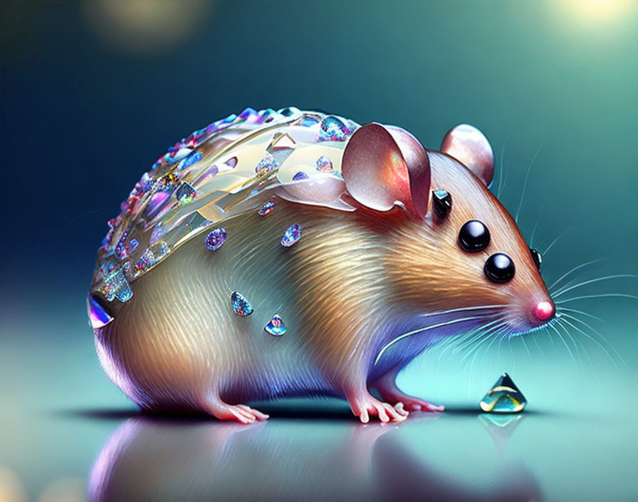 Digitally created image of a mouse with jewel-encrusted shell on blue gradient.