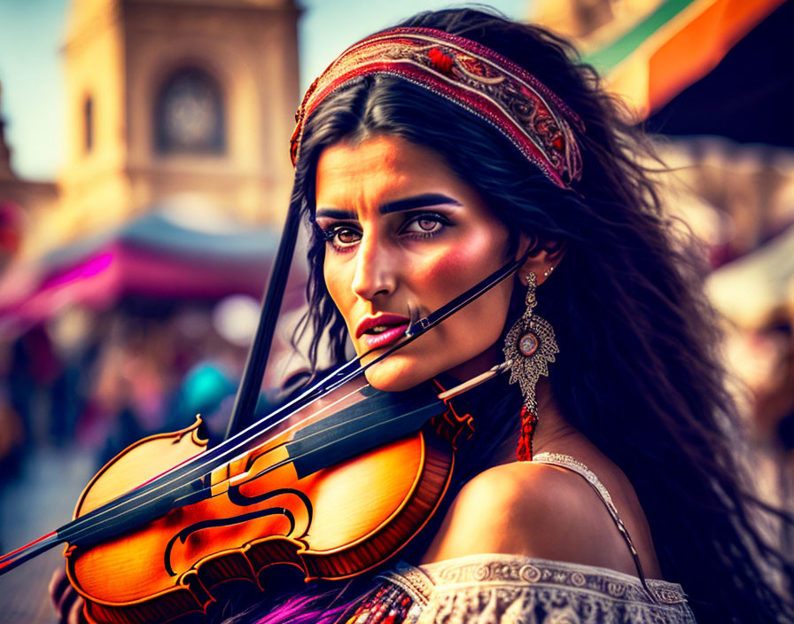 Woman in ornate headpiece plays violin in bustling market with intense gaze and warm light.
