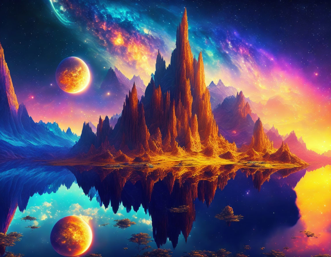 Colorful fantasy landscape with towering peaks, reflective lake, and star-filled sky