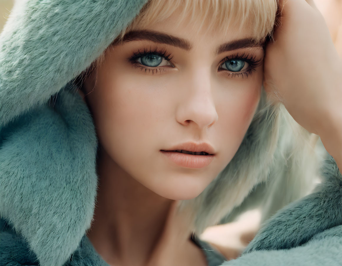Blonde woman in blue fur coat gazes at camera with blue eyes