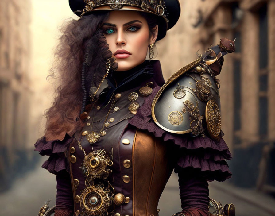 Steampunk-themed woman in top hat and shoulder armor against city backdrop