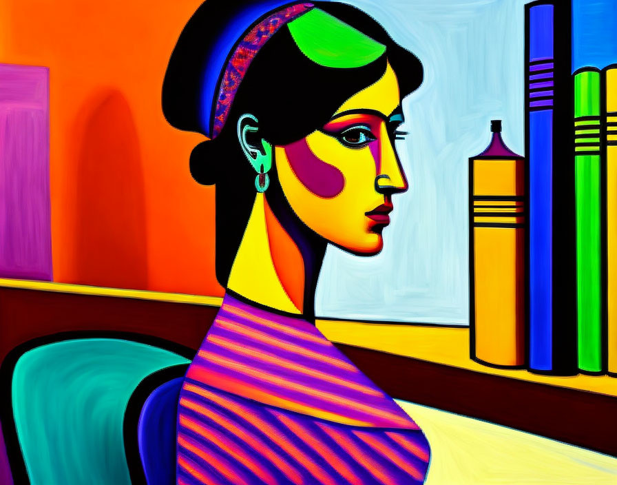 Vibrant Cubist-style Woman Portrait with Geometric Shapes