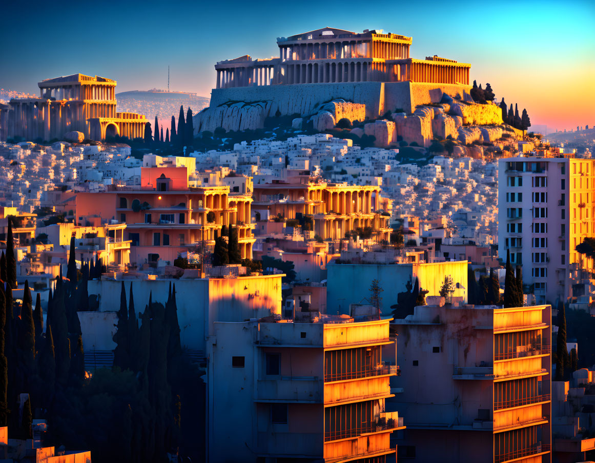Reimagined Cyberpunk Athens with acropolis view