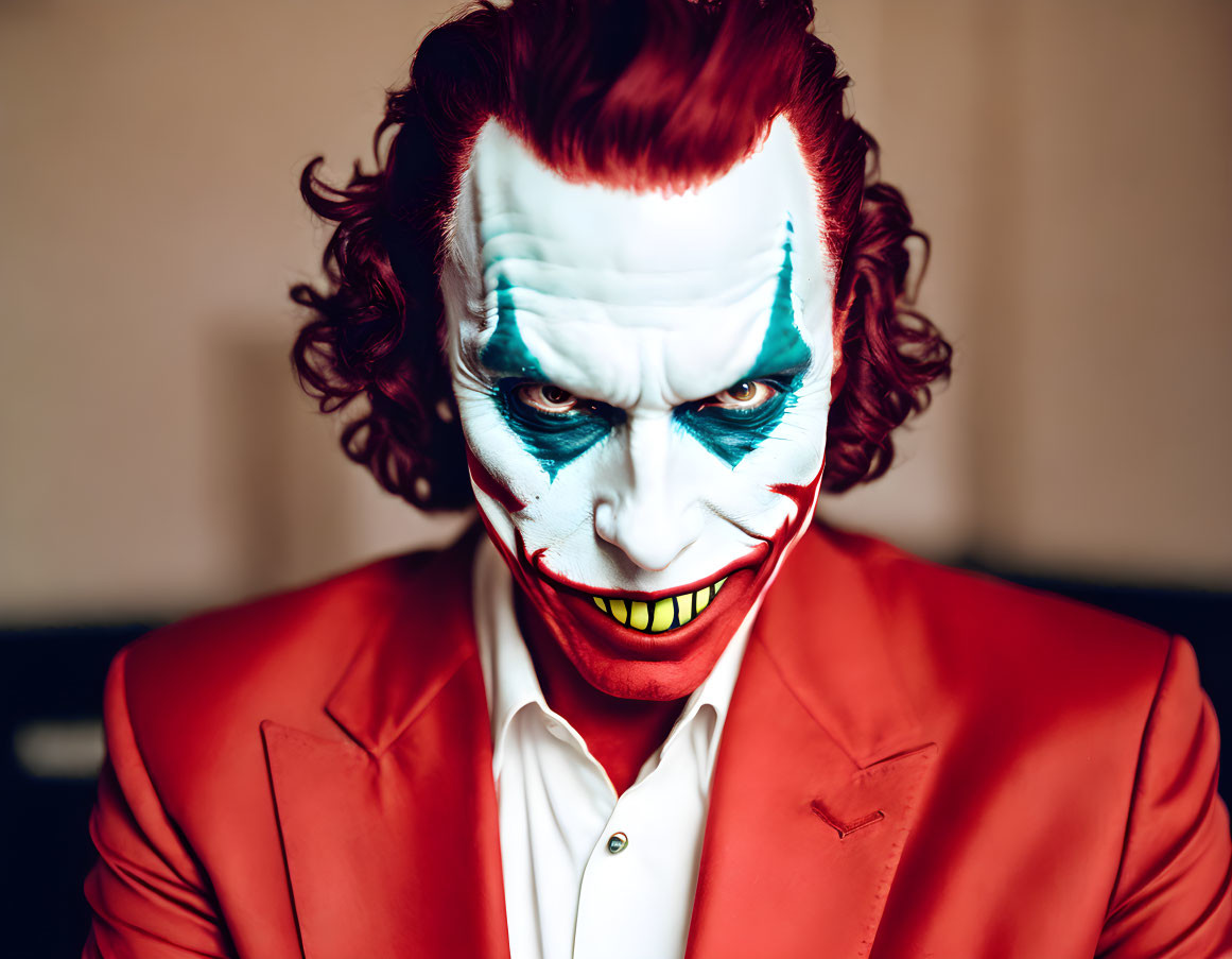 Man in Joker makeup and red suit with menacing smile.