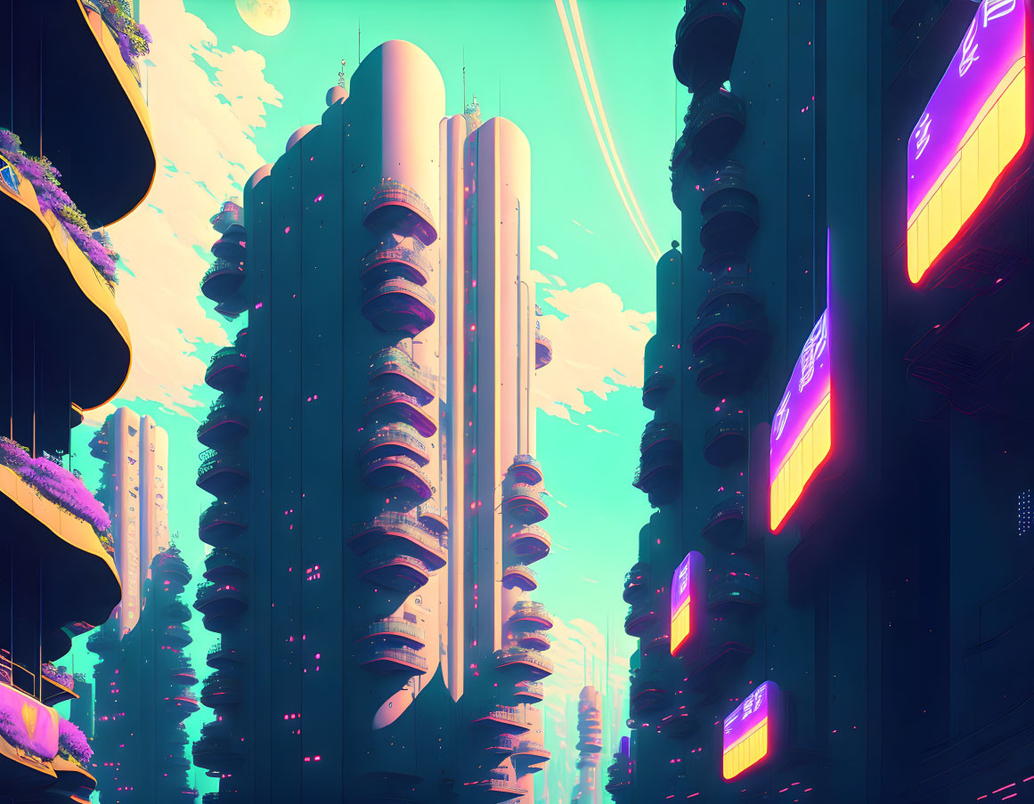 Futuristic cyberpunk cityscape with neon skyscrapers & multiple moons