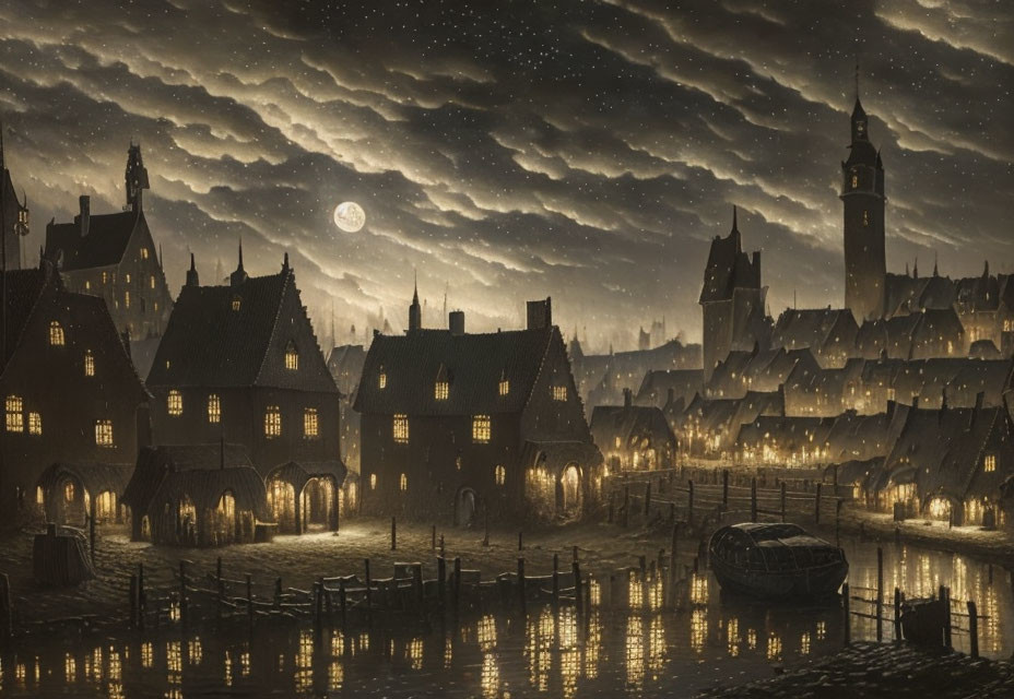 Historical town at night: sepia-toned, gabled houses, church, moonlit river