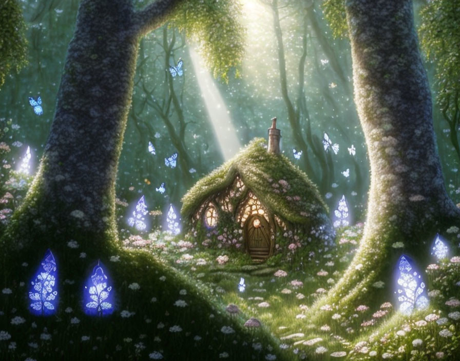 Thatched Roof Cottage in Fairy-Tale Forest with Glowing Butterflies