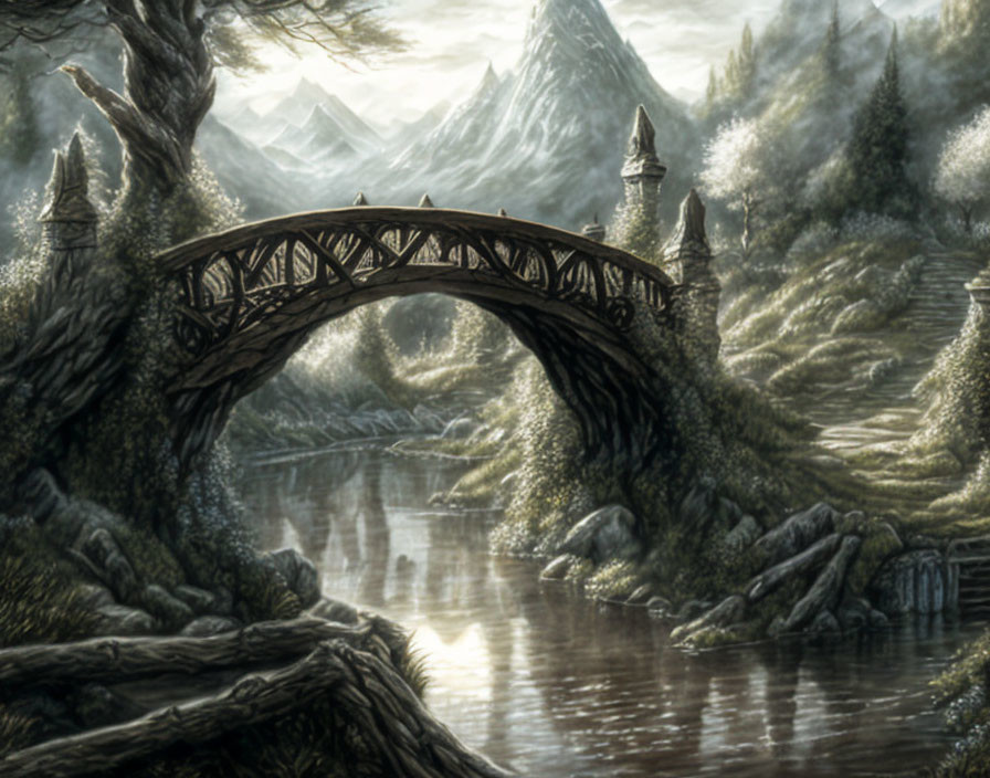 Tranquil fantasy landscape with wooden bridge, river, lush foliage, misty mountains