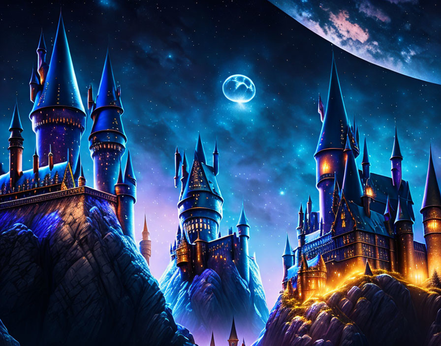 Fantasy castle with multiple spires under a night sky with crescent moon and ringed planet