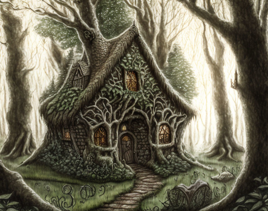 Cozy fairytale cottage with thatched roof in enchanted forest