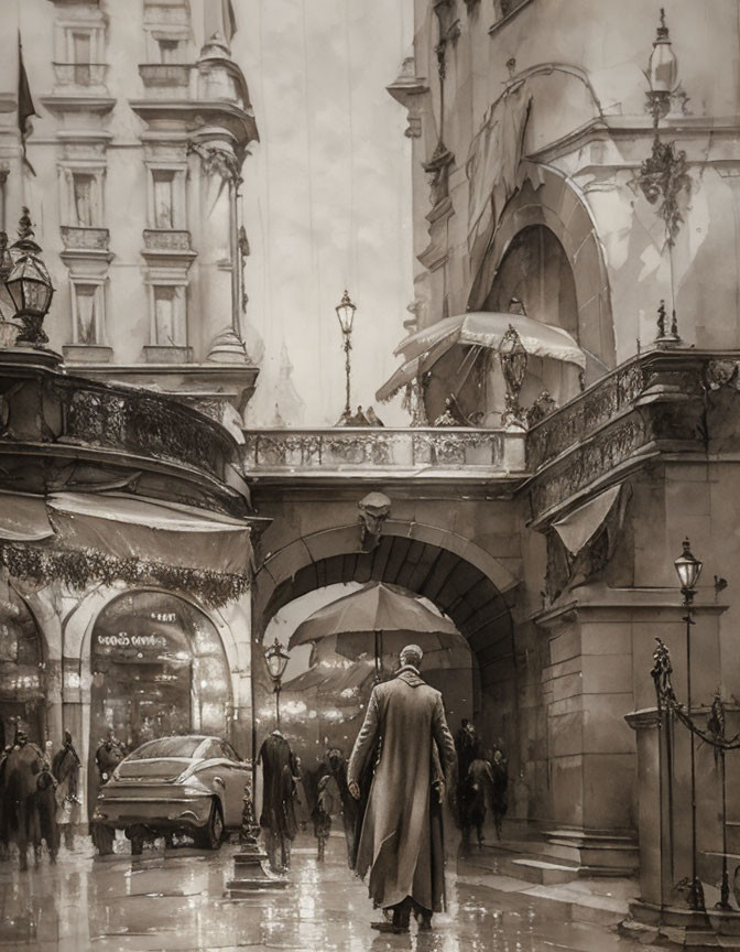 Vintage city street scene with individual holding umbrella in sepia tones