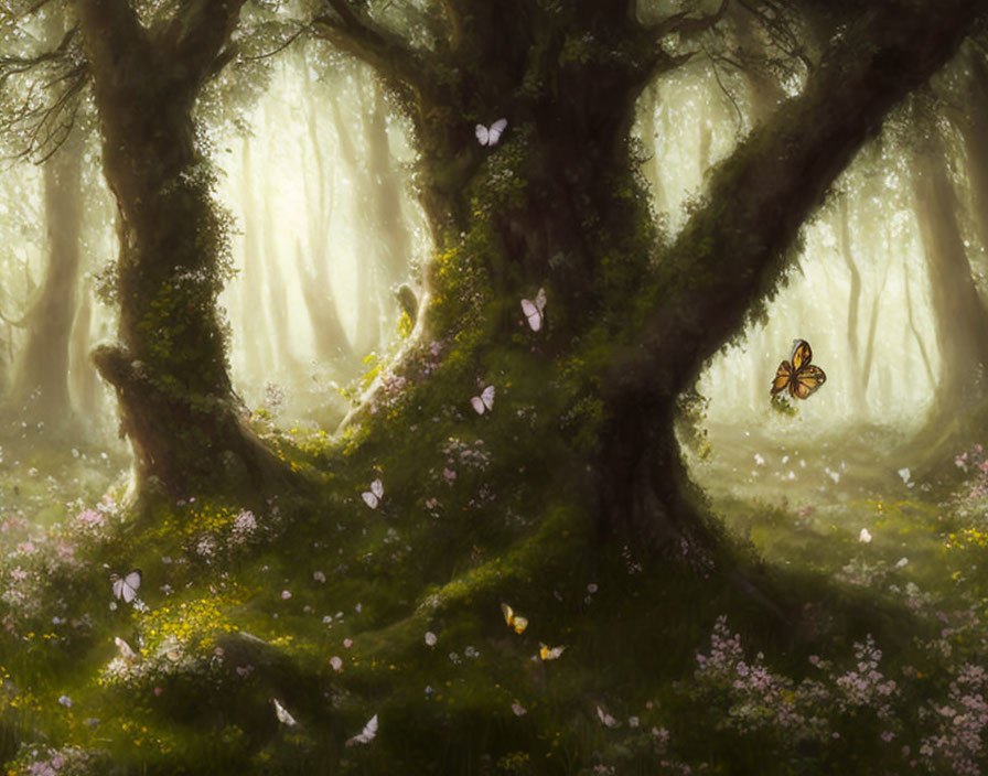 Sunbeams in mystical forest with moss, butterflies, and flowers