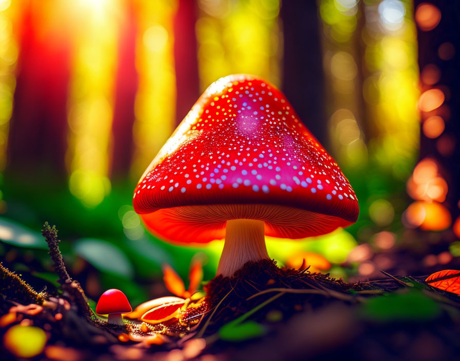 Vibrant red mushroom with white spots in sunlit forest
