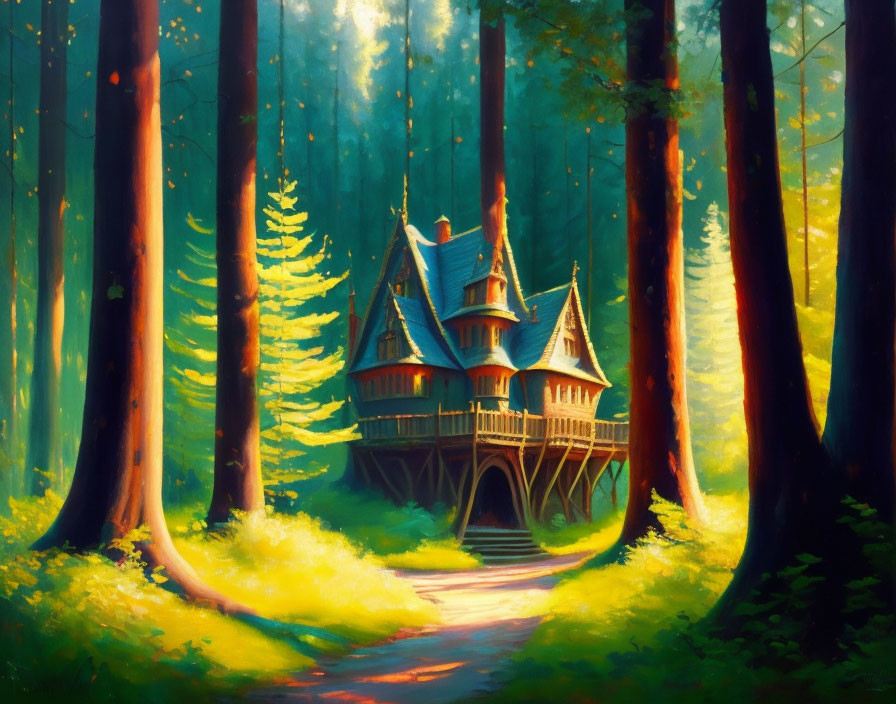 Sunlit Forest Path to Whimsical Wooden House