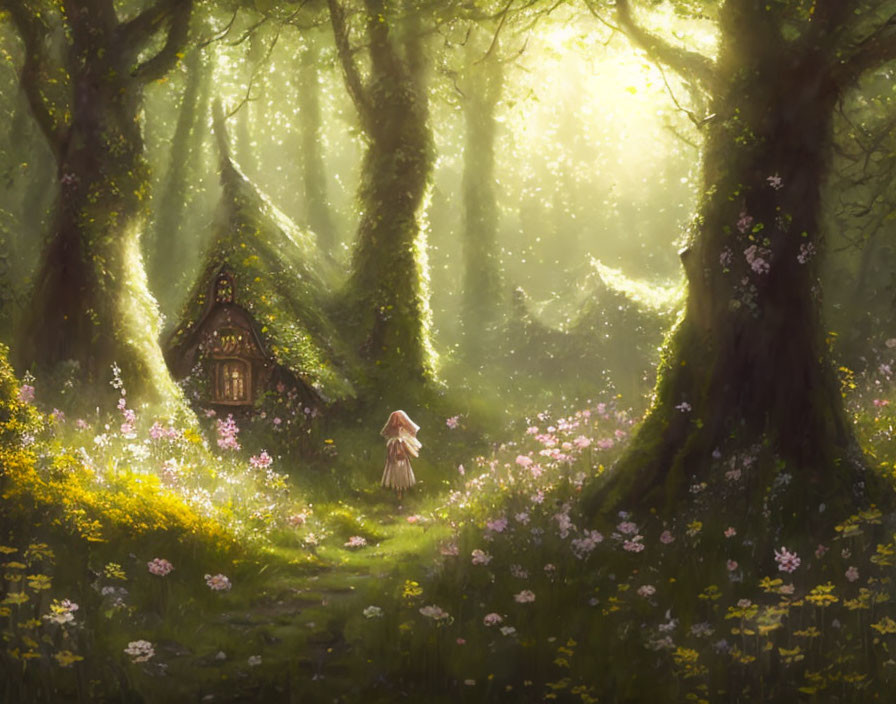 Person in White Cloak Approaches Cottage in Enchanted Forest