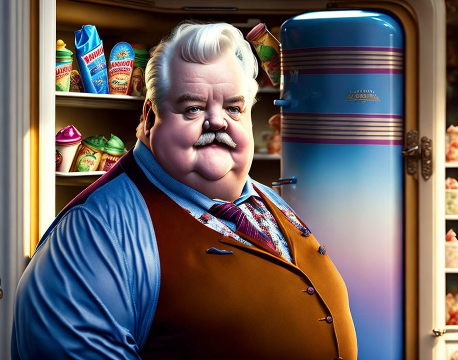 Mustachioed Man in Blue and Brown Outfit with Vintage Refrigerator and Colorful Food Items