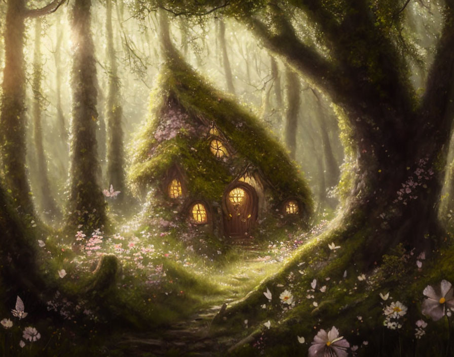 Whimsical cottage in enchanted forest with butterflies & flowers