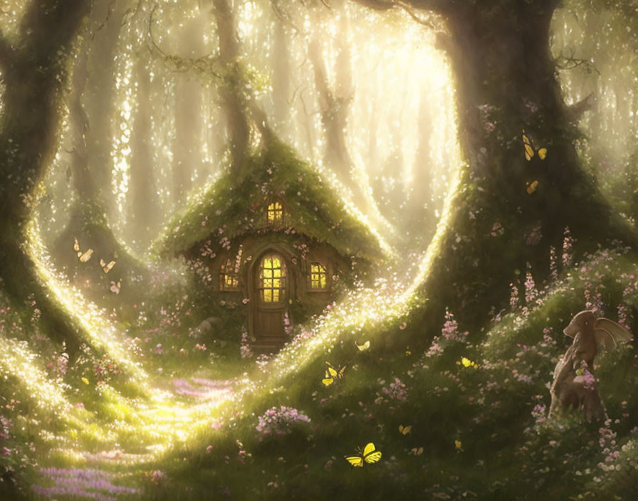 Enchanted forest scene with cozy treehouse, glowing light, butterflies, flowers, and whimsical