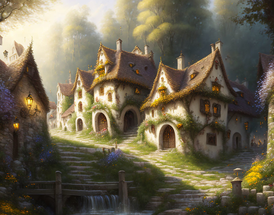 Picturesque fairytale village with charming cottages amidst lush forest and warm golden light