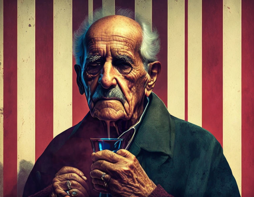 Digital Illustration: Elderly Man with Glass on Striped Background