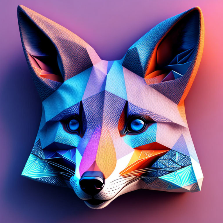 Vibrant geometric fox head illustration in blue, purple, and orange on purple background